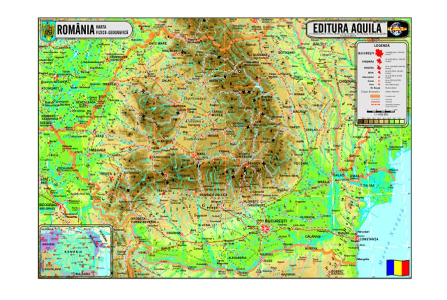 Harta Romania Duo, 70x50, plastifiata, 2 fete, cu sipci, Aquila
