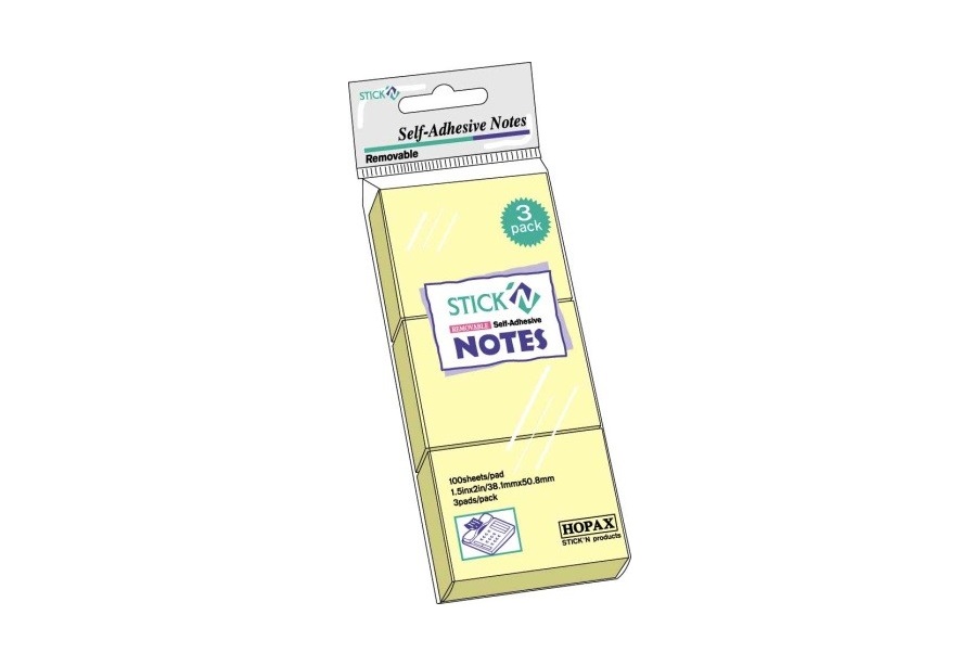 Notes adeziv, 38x51 mm, galben pastel, 100 file/set, 3 set/pach, Stick n