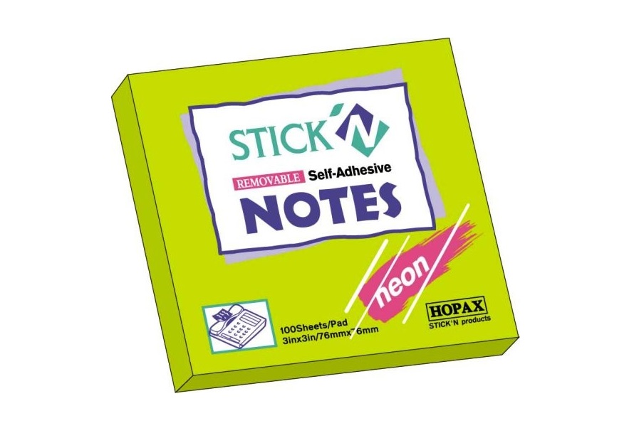 Notes adeziv, 76x76 mm, verde neon, 100 file, Hopax