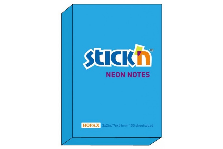 Notes adeziv, 76x51 mm, albastru neon, 100 file, Stick n