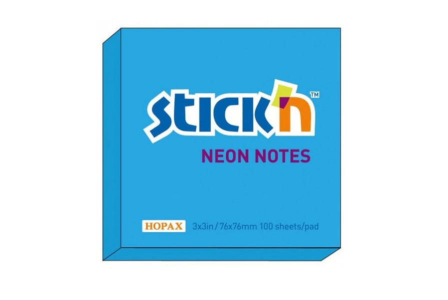 Notes adeziv, 76x76 mm, albastru neon, 100 file, Stick n