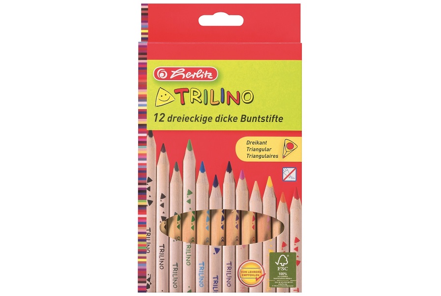 Creioane colorate 12 culori, Herlitz Trilino, jumbo, triunghiulare, lemn natur