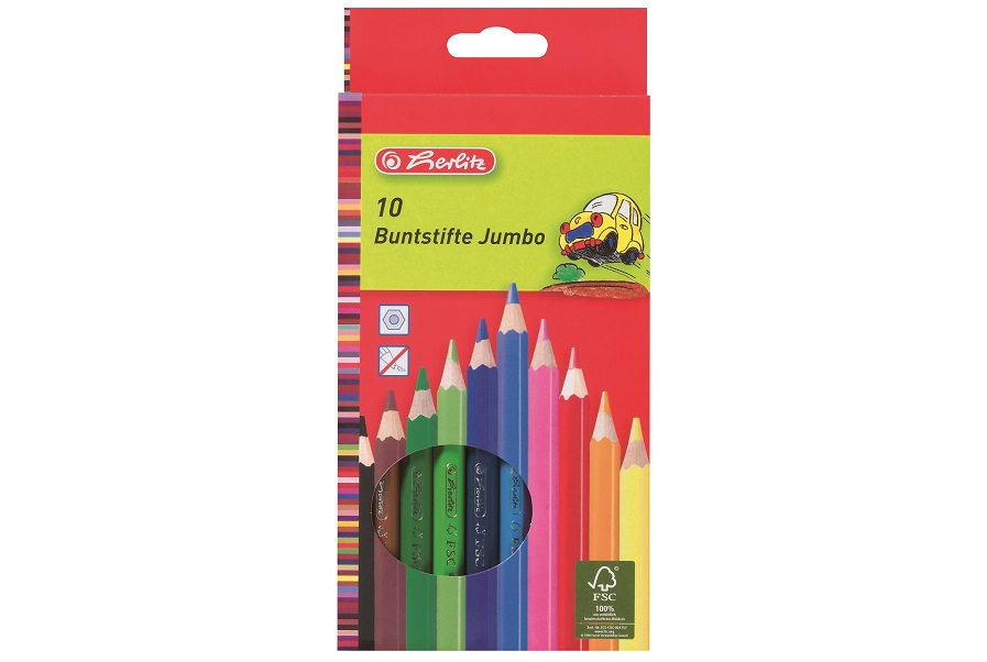 Creioane colorate 10 culori, Herlitz Jumbo, hexagonale, lemn color