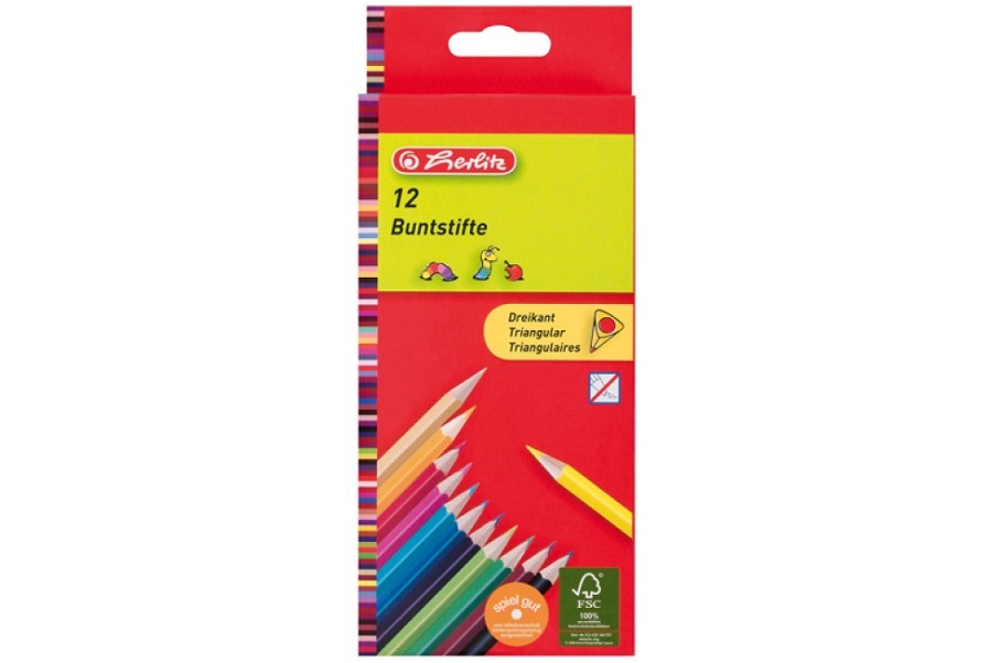 Creioane colorate 12 culori, Herlitz, triunghiulare, lemn color lacuit